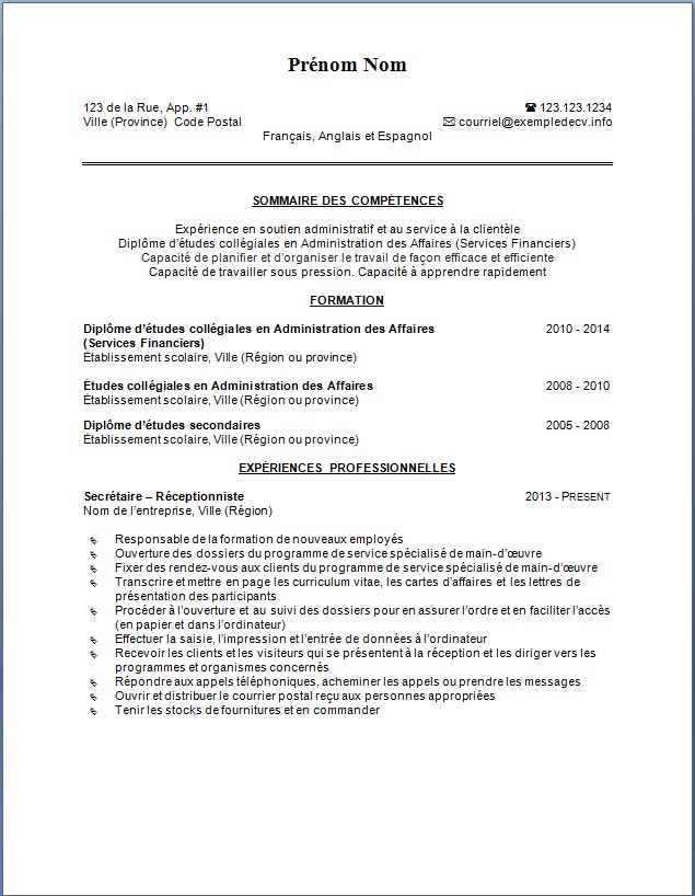 resume format  mod u00e8le de cv francais au bureau